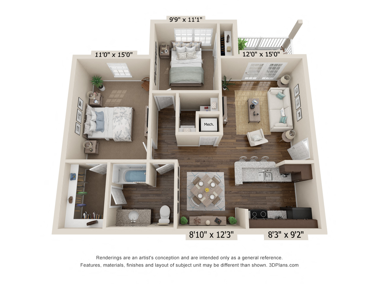 Floor plan for 2 beds, 1 bath, 905 sqft